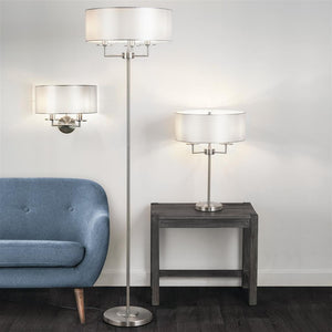 Georgeham 3Lt Floor Lamp Satin Silver w/ Silver Faux Silk Shade - Comet Lighting