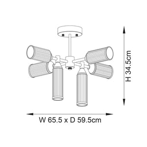 Avon 6Lt Semi-flush Ceiling Light Satin Brass Plate With Clear & Frosted Glass