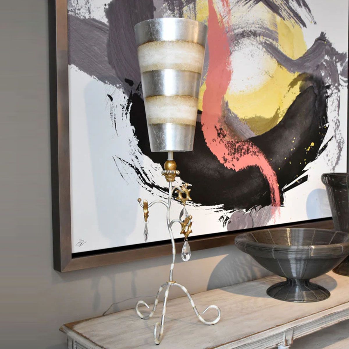 Tivoli 1 Light Table Lamp - Silver & Cream Patina - Comet Lighting