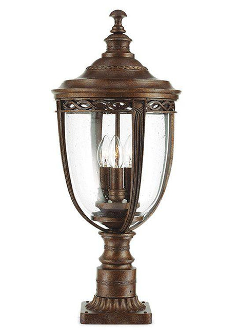 English Bridle Outdoor 3-LIght Large Pedestal British Bronze - Comet Lighting