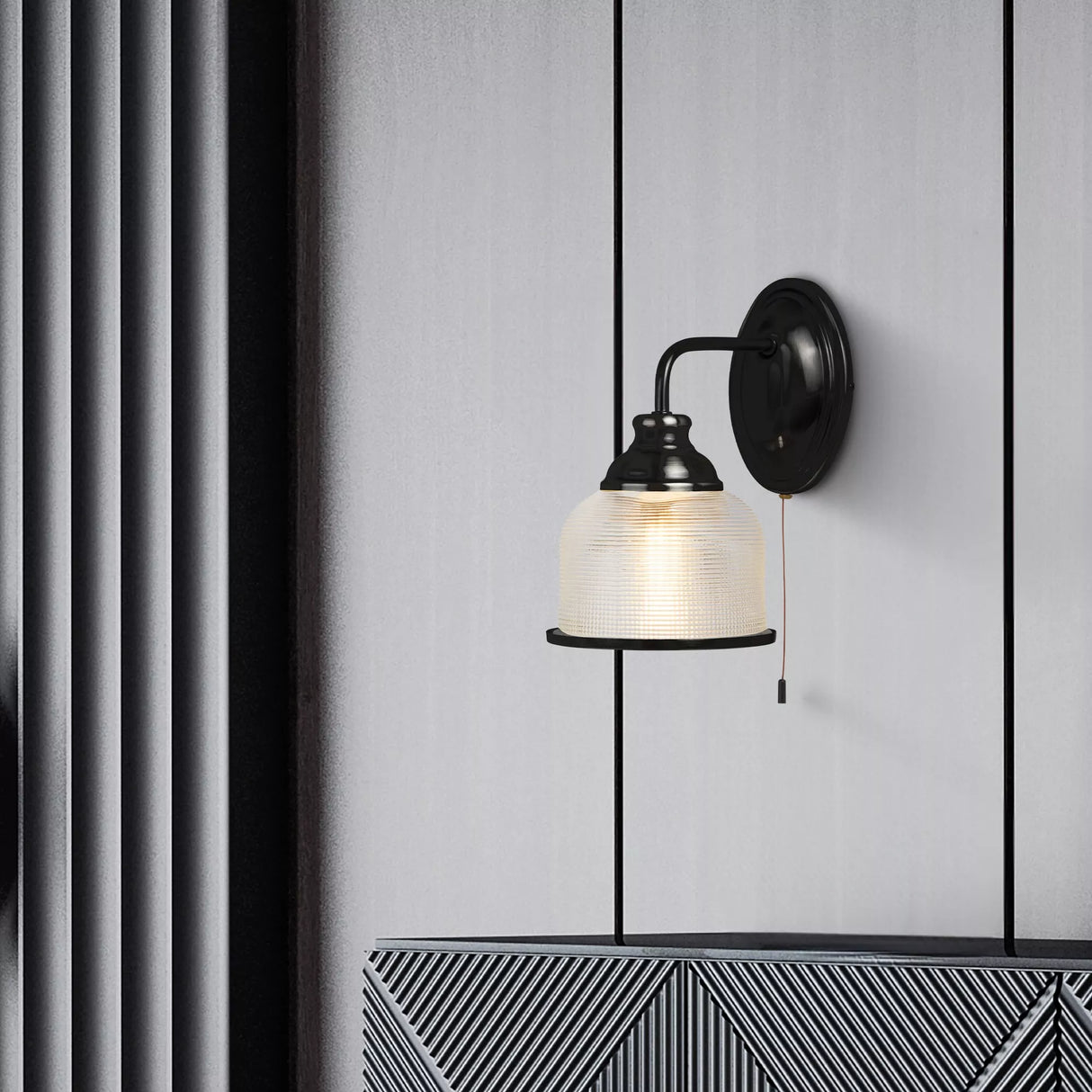 Highworth Wall Light- Matt Black Metal,Holophane Style Glass
