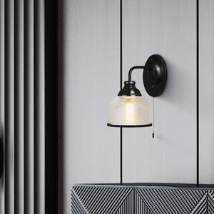 Highworth Wall Light- Matt Black Metal,Holophane Style Glass