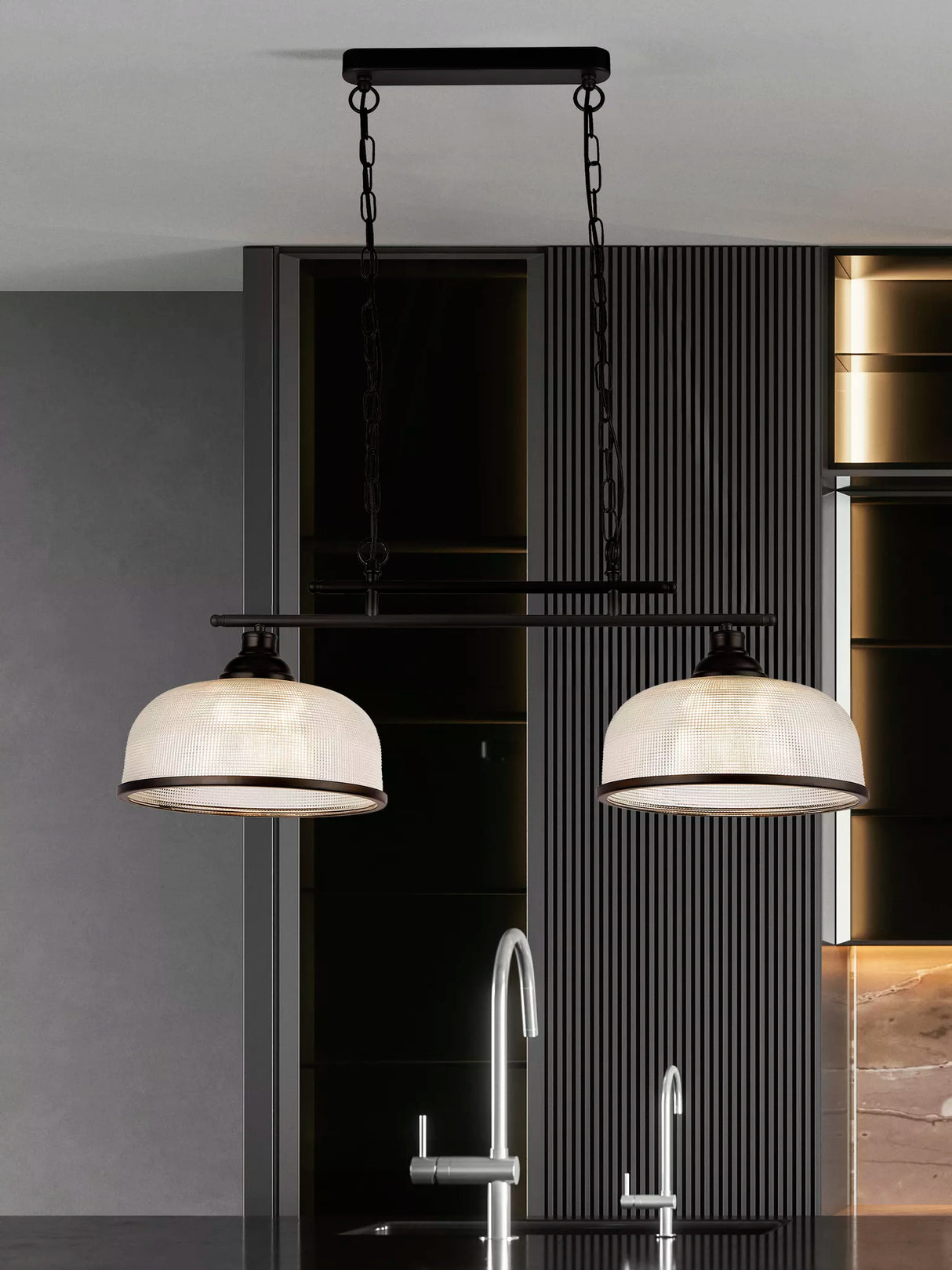 Highworth 2Lt Pendant - Black Metal & Holophane Style Glass