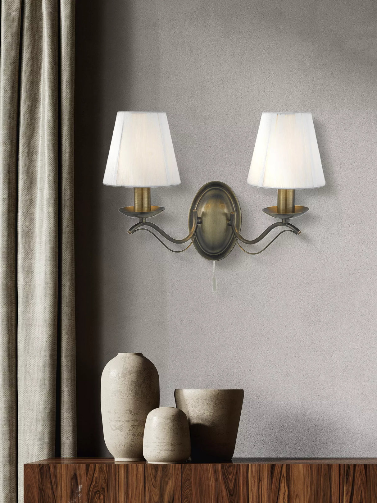 Andretti 2Lt Wall Light-Antique Brass & Ivory String Fabric