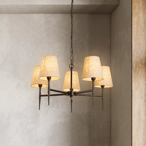 Gothic 5Lt Pendant - Hammered Black Metal & Natural Linen