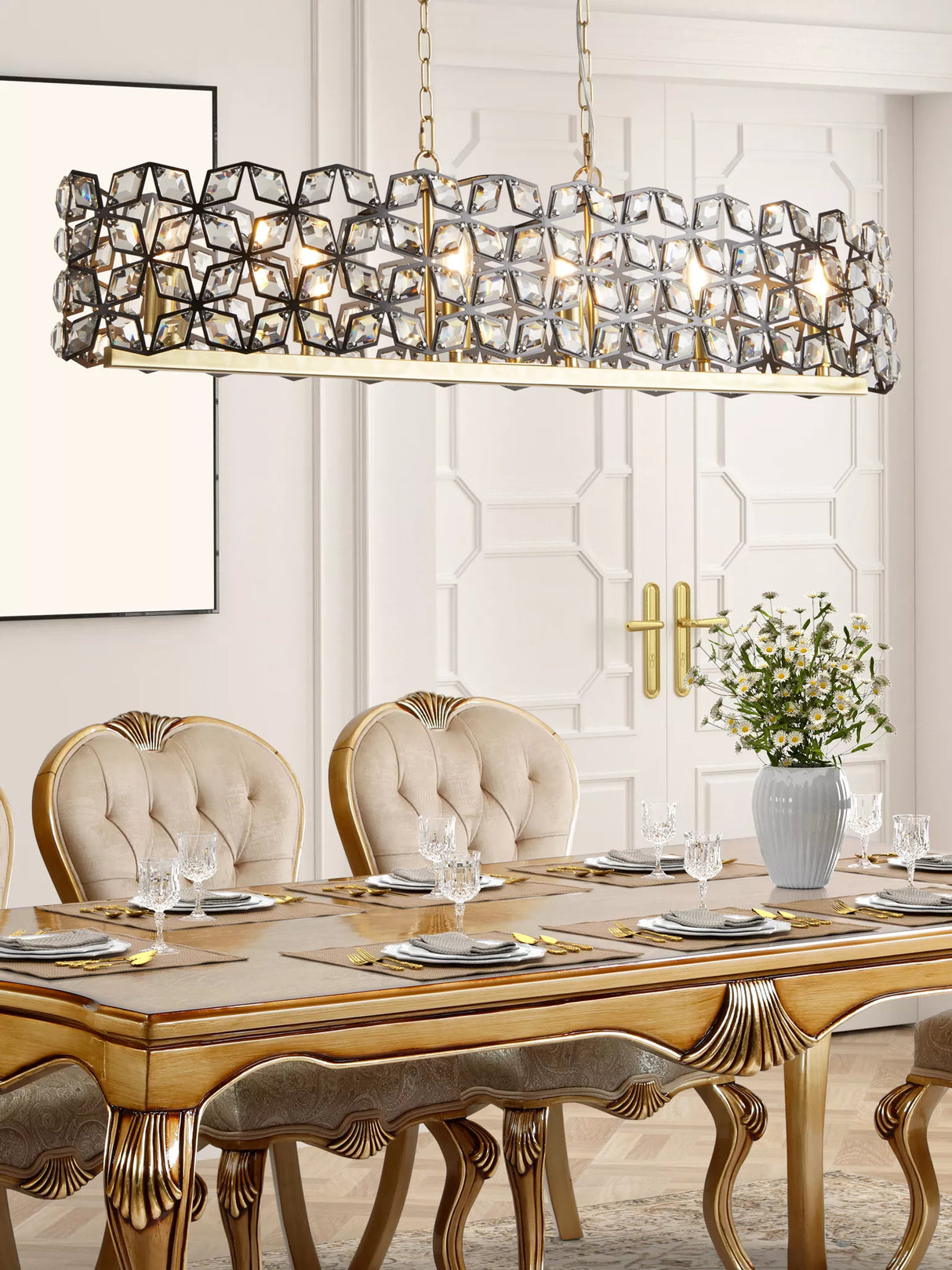 Iris 6Lt Pendant - Black Metal, Crystal & Brass