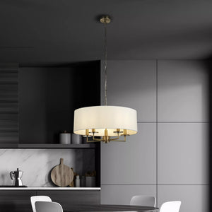 Knightsbridge 5Lt Pendant- Antique Brass & White Linen Shade