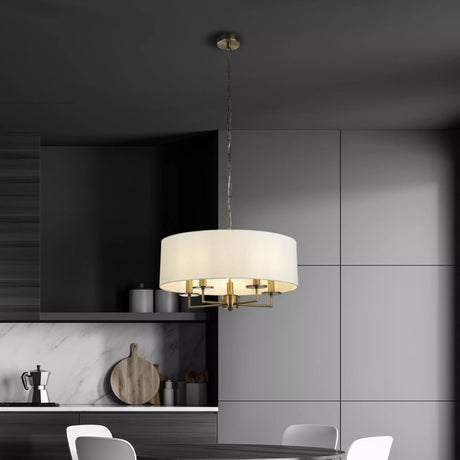 Knightsbridge 5Lt Pendant- Antique Brass & White Linen Shade