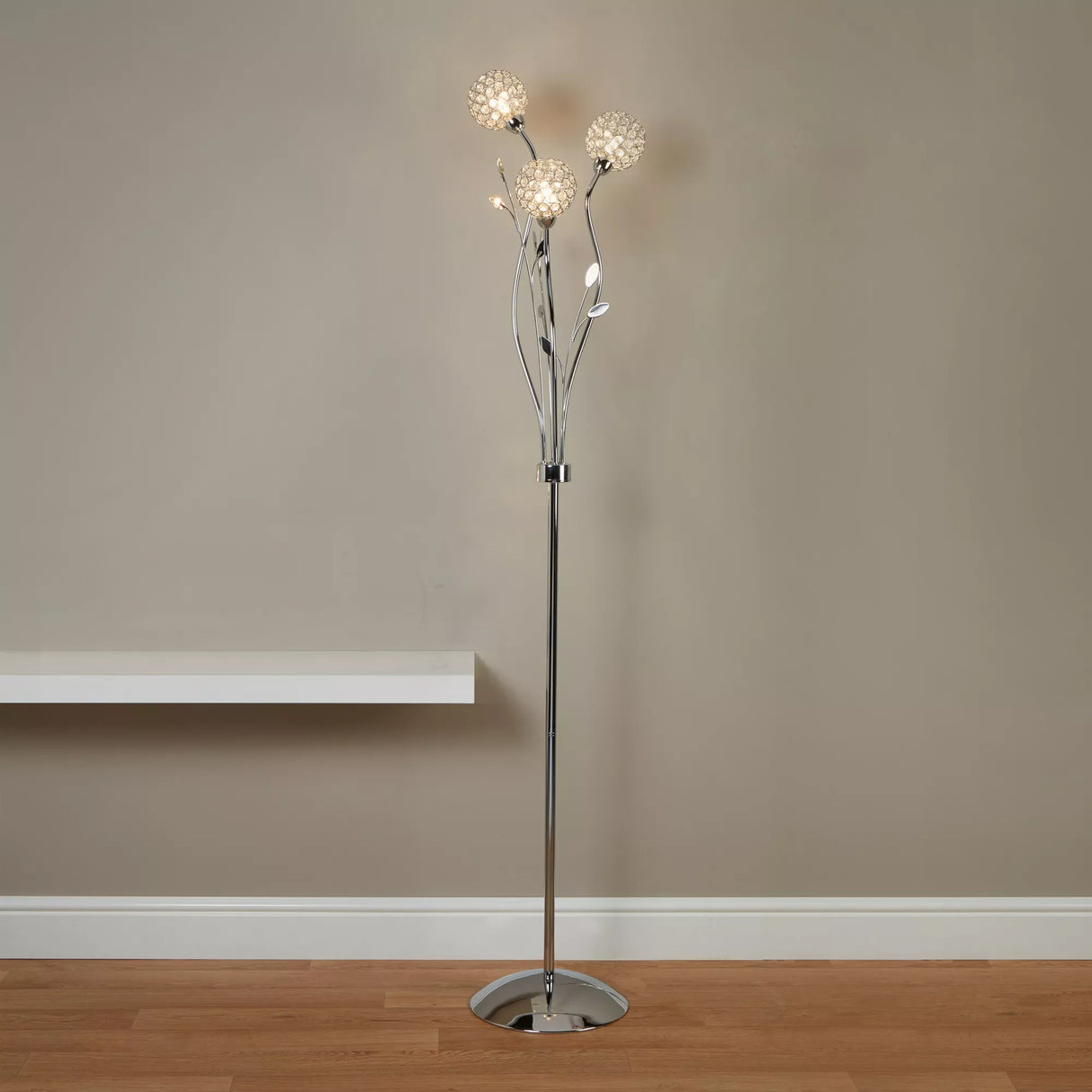 Searchlight Bellis II Chrome 3 Light Floor Lamp Glass Shades