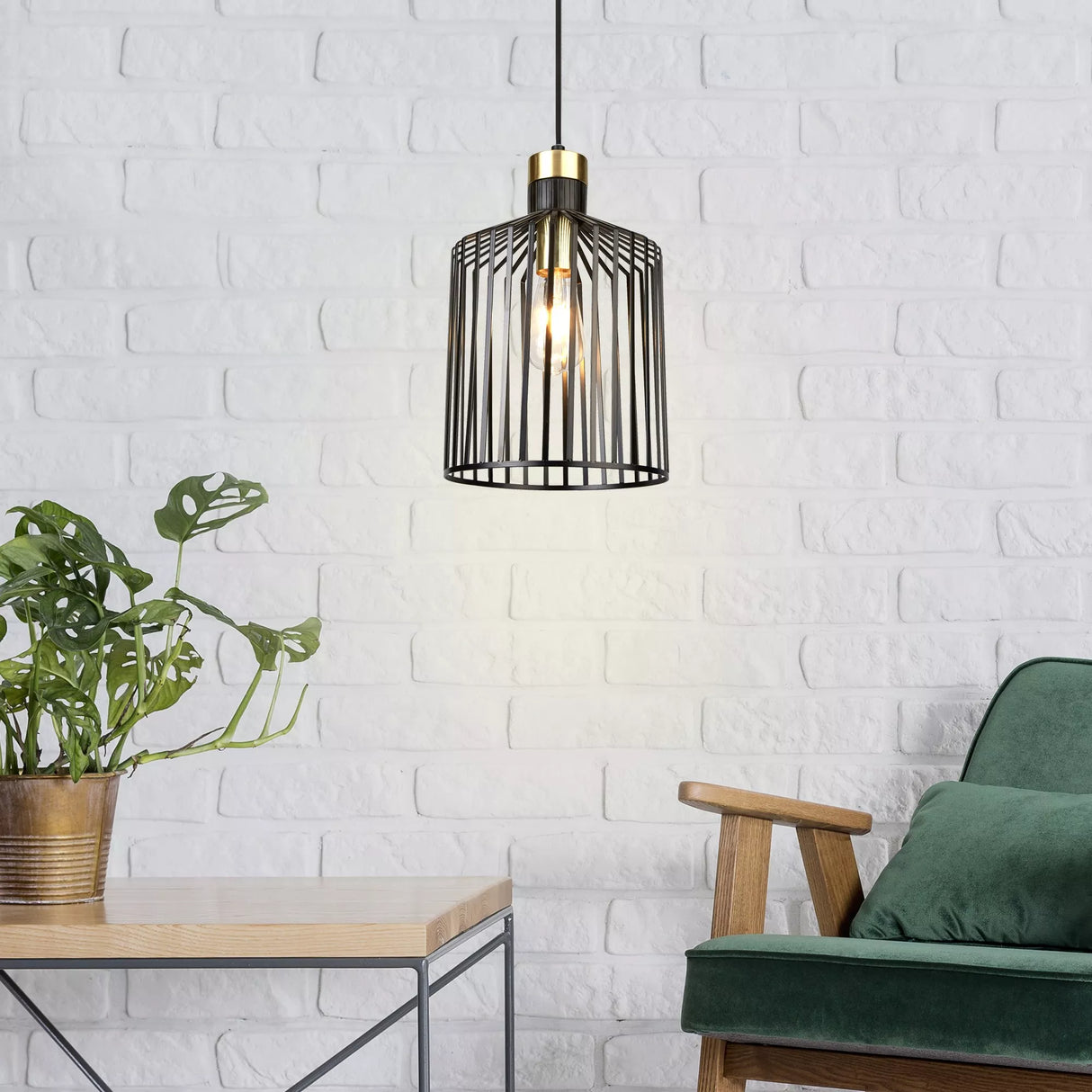 Searchlight 1 Light Cage Frame Pendant Black Gold Medium
