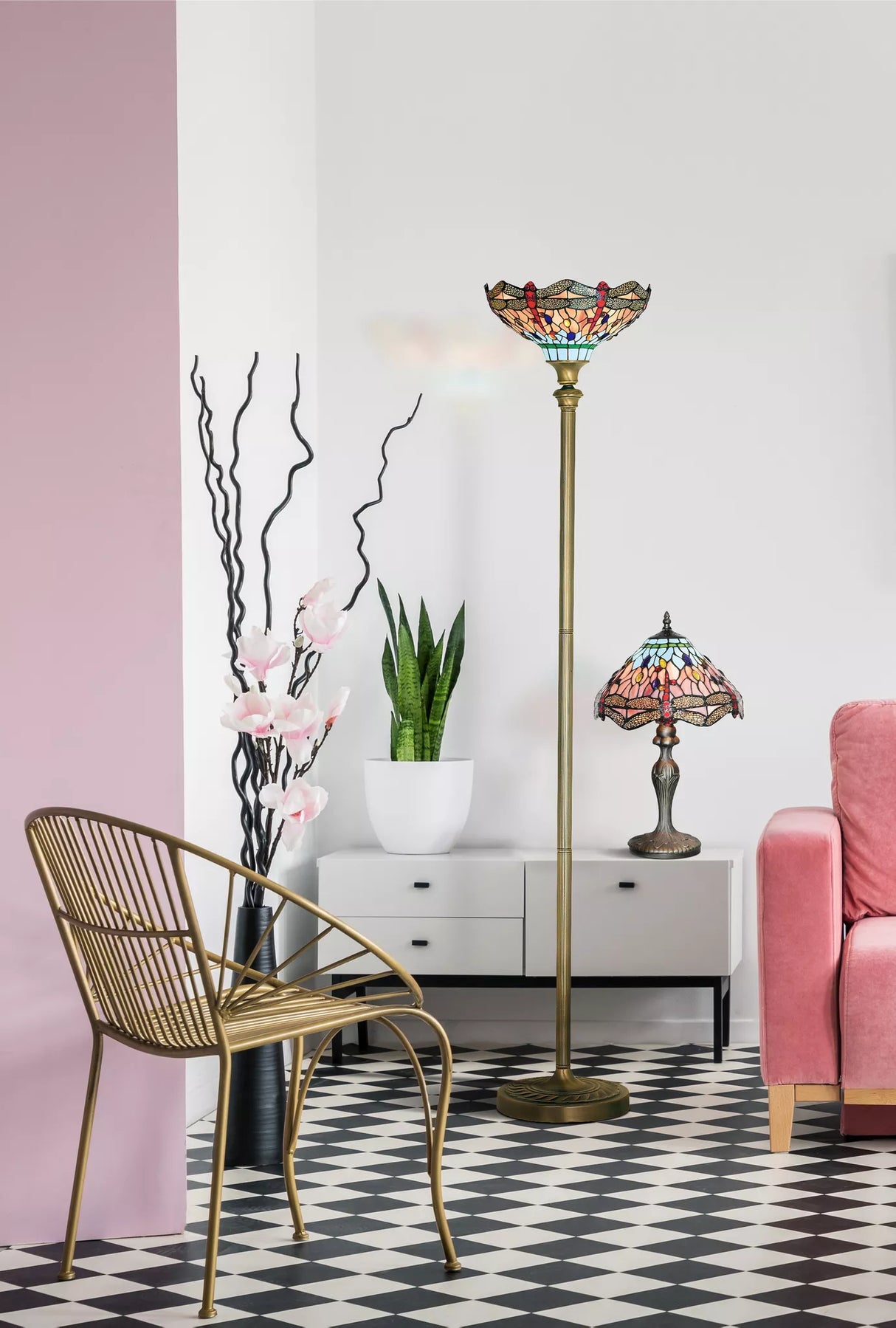 Searchlight Dragonfly Brass Floor Lamp Tiffany Glass