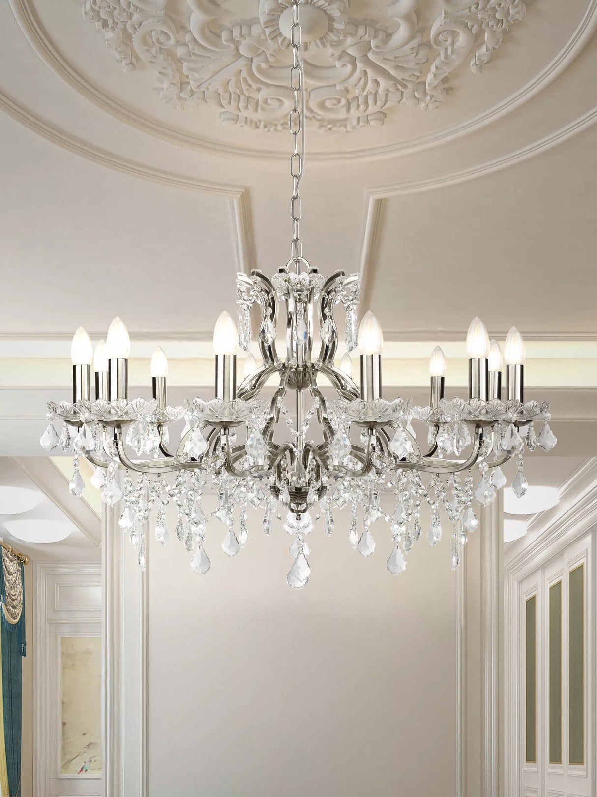 Searchlight 12 Light Chandelier Crystal Drops Silver