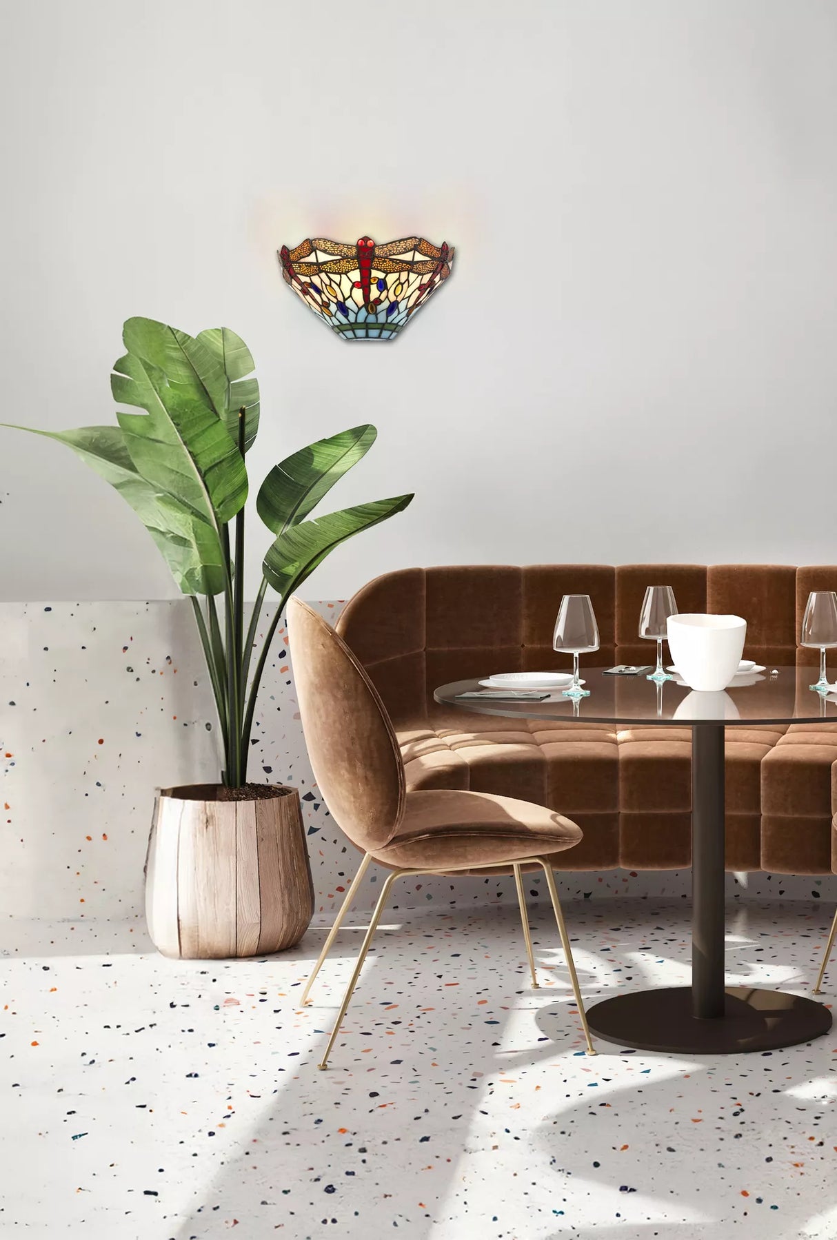 Dragonfly Wall Light - Antique Brass Metal & Stained Glass