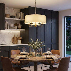 Knightsbridge 5Lt Pendant- Antique Brass & White Linen Shade