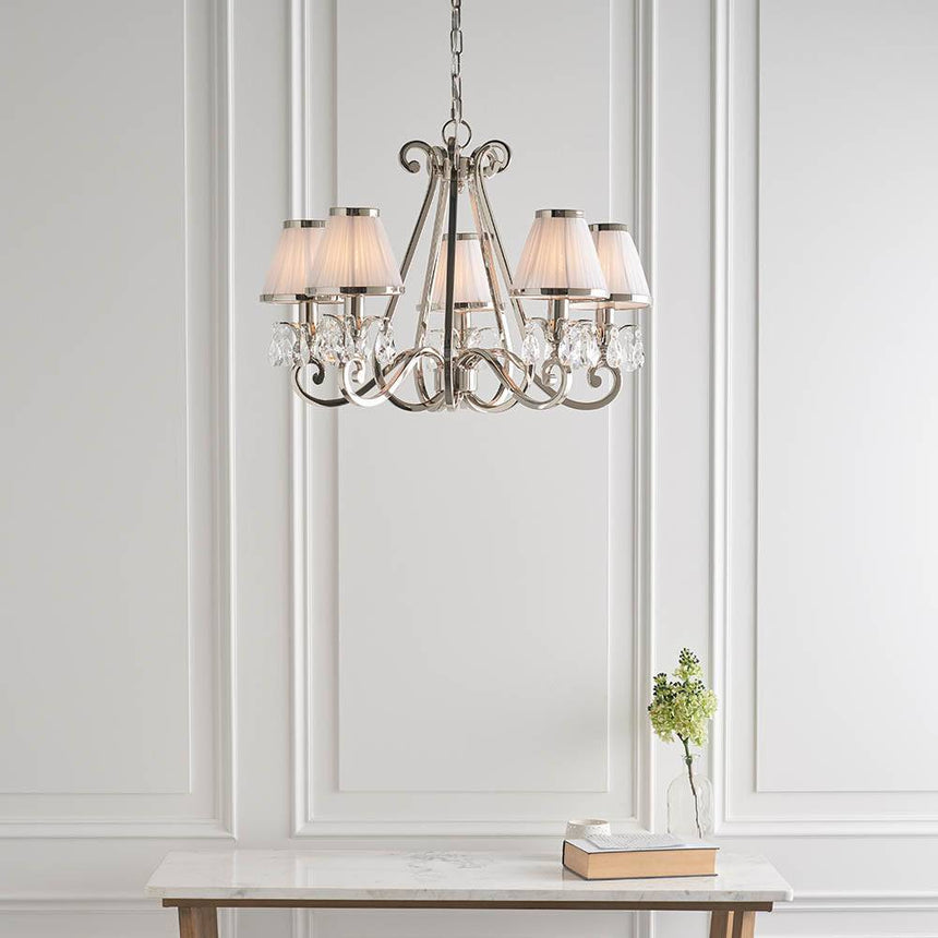 Oksana Nickel 5-Light Pendant & White Shades - Comet Lighting