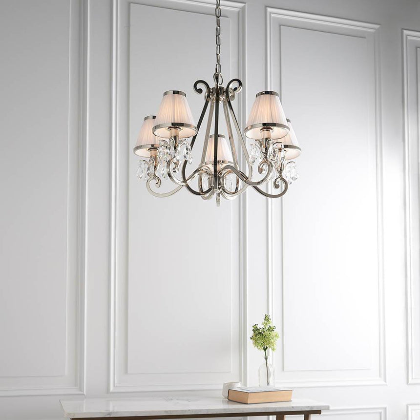 Oksana Nickel 5-Light Pendant & White Shades - Comet Lighting