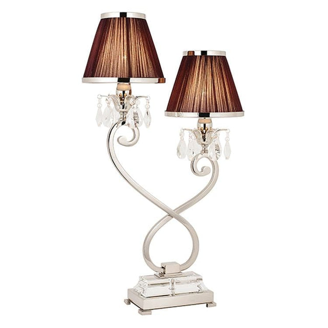 Oksana Nickel Twin Table Lamp & Chocolate Shades - Comet Lighting