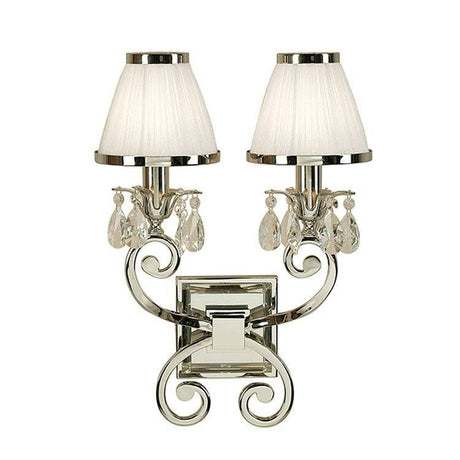 Oksana Nickel Twin Wall Light & White Shades - Comet Lighting