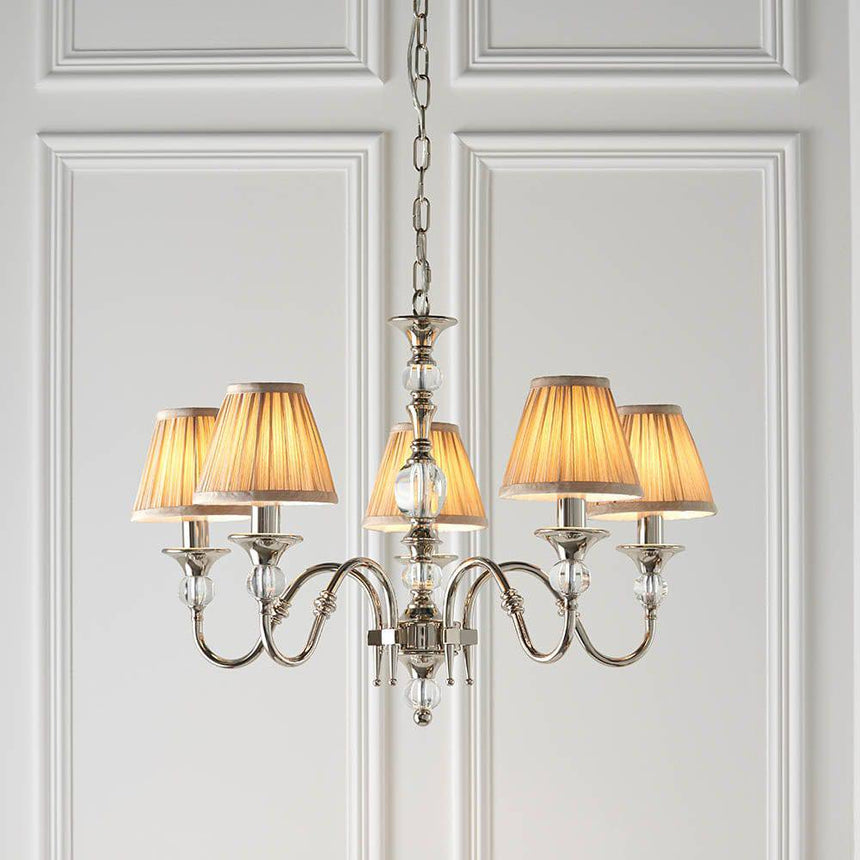 Polina Nickel 5-Light Pendant & Beige Shades - Comet Lighting