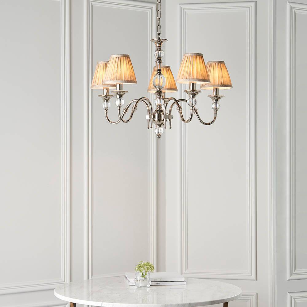 Polina Nickel 5-Light Pendant & Beige Shades - Comet Lighting