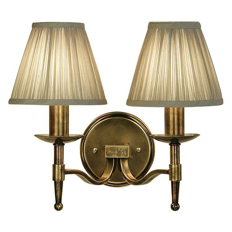 Stanford Antique Brass Twin Wall Light & Beige Shades - Comet Lighting