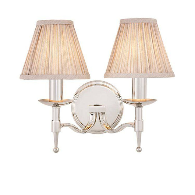 Stanford Nickel Twin Wall Light & Beige Shades - Comet Lighting