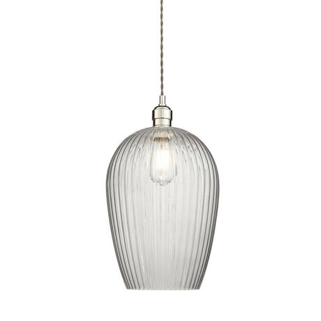 Terek Large Pendant Ceiling Light Bright Nickel w/ Clear Ribbed Glass