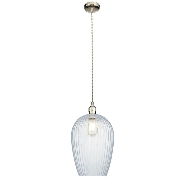 Terek Large Pendant Ceiling Light Bright Nickel w/ Clear Ribbed Glass