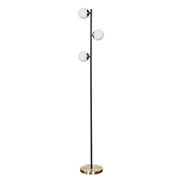 Beauworth 3 Way Matt Black And Antique Brass Floor Lamp With Opal Glass Shade - Comet Lighting