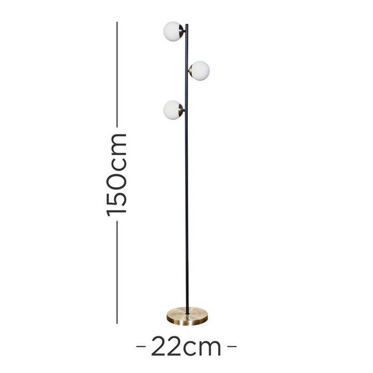 Beauworth 3 Way Matt Black And Antique Brass Floor Lamp With Opal Glass Shade - Comet Lighting