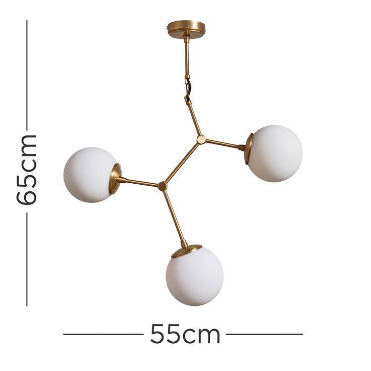 Cassini 3 Way Gold Ceiling Light With White Glass Globe Shades - Comet Lighting