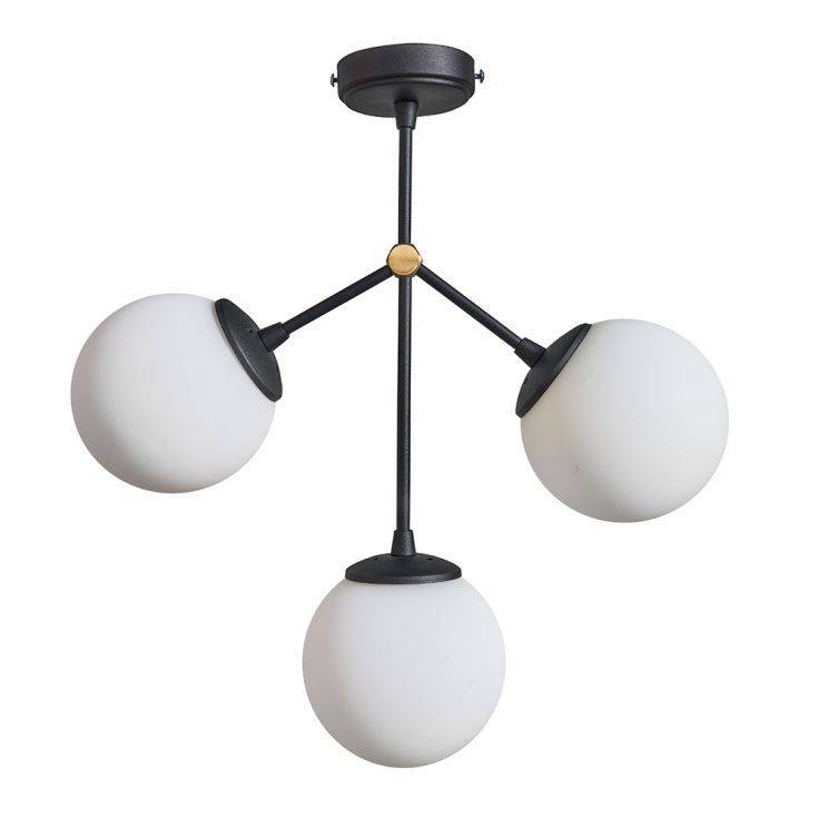 Cassini 3 Way Matt Black Ceiling Light With White Glass Globe Shades - Comet Lighting