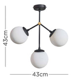 Cassini 3 Way Matt Black Ceiling Light With White Glass Globe Shades - Comet Lighting