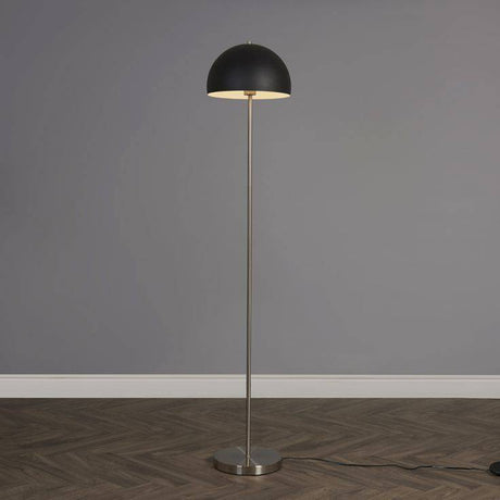 Dargai Brushed Chrome Floor Lamp With Matt Black Metal Dome Shade - Comet Lighting