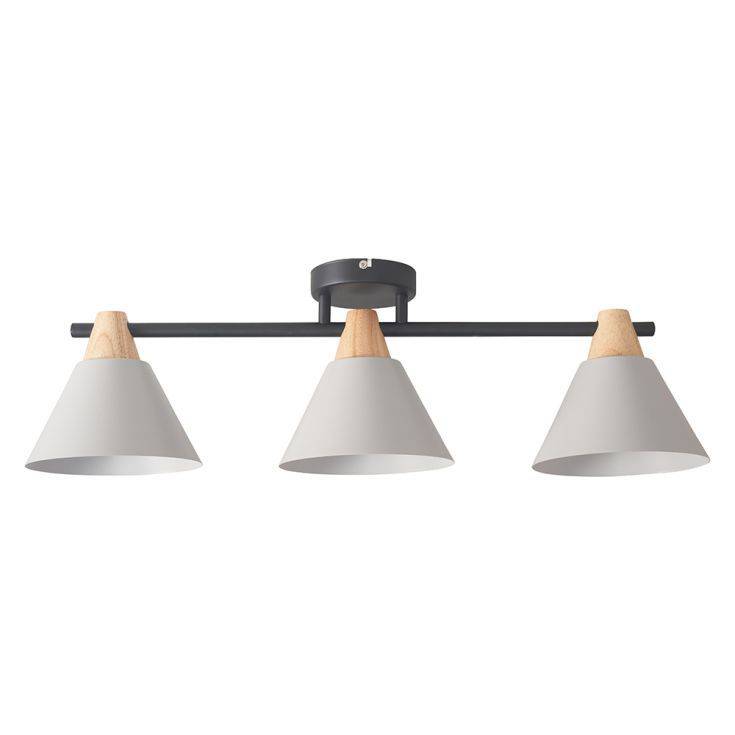 Giza 3 Way Matt Black Ceiling Light With Wood And Grey Shades - Comet Lighting