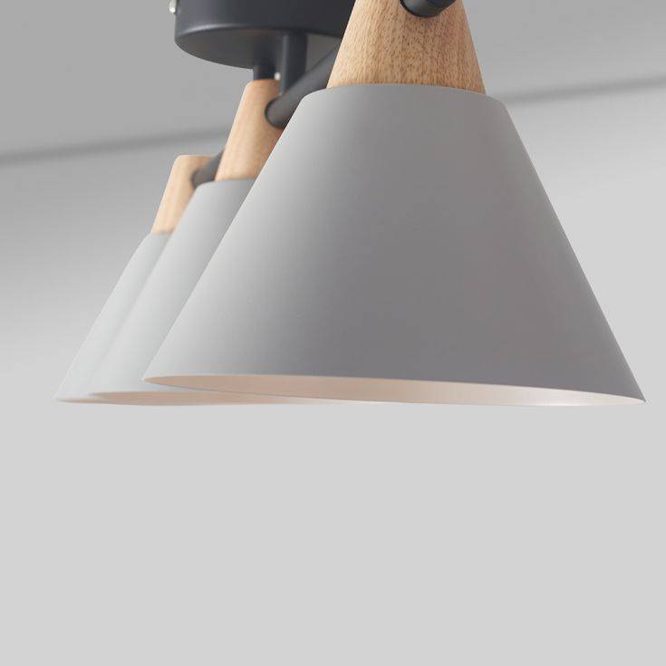 Giza 3 Way Matt Black Ceiling Light With Wood And Grey Shades - Comet Lighting