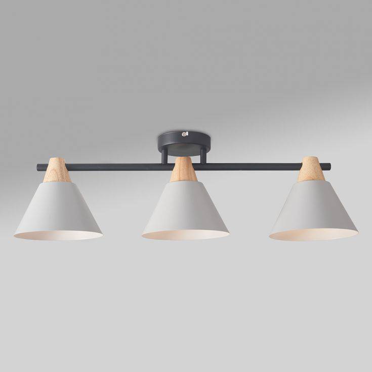 Giza 3 Way Matt Black Ceiling Light With Wood And Grey Shades - Comet Lighting