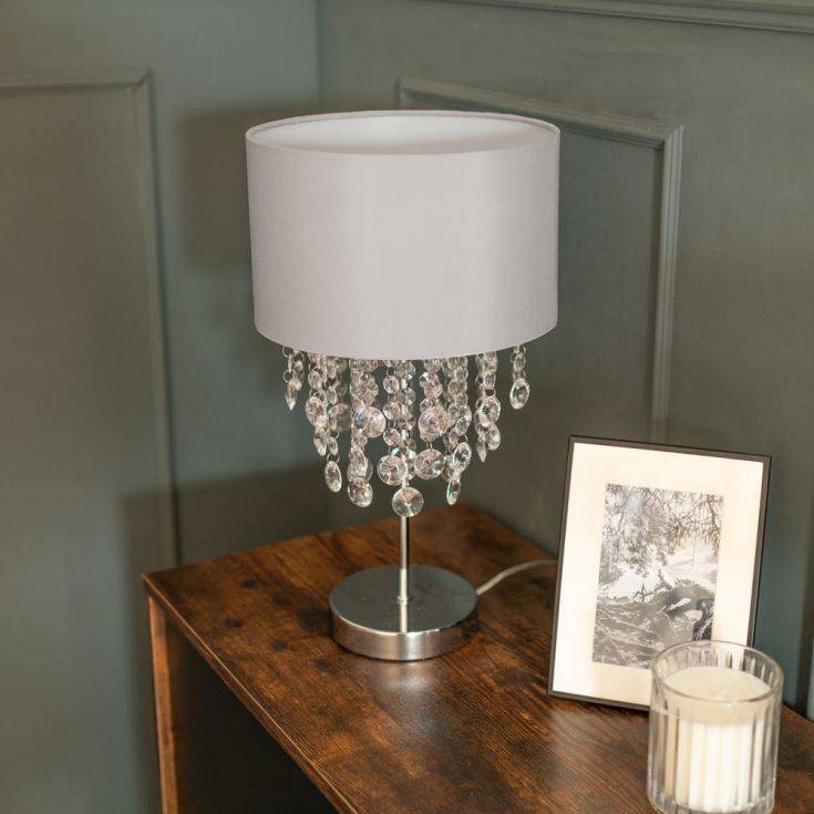 Grey Table Lamp With Fabric Shade And Acrylic Droplets - Comet Lighting