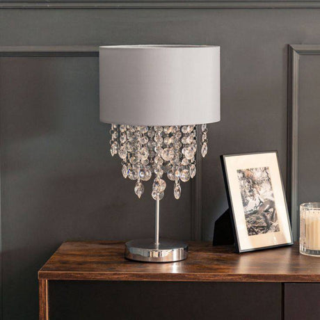 Grey Table Lamp With Fabric Shade And Acrylic Droplets - Comet Lighting