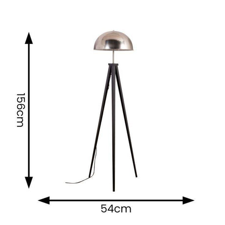 Horvit Black Tripod Floor Lamp With Brushed Chrome Domed Shade - Comet Lighting