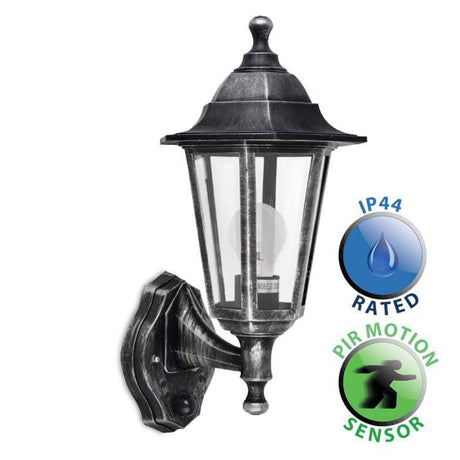 IP44 Black Silver Outdoor Wall Lantern with PIR - Comet Lighting