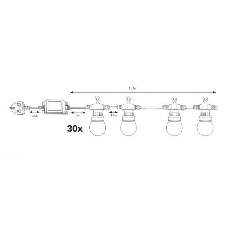 IP44 Multi-coloured 11.7m 30 Light Black Festoon Lights With Warm White LEDs - Comet Lighting