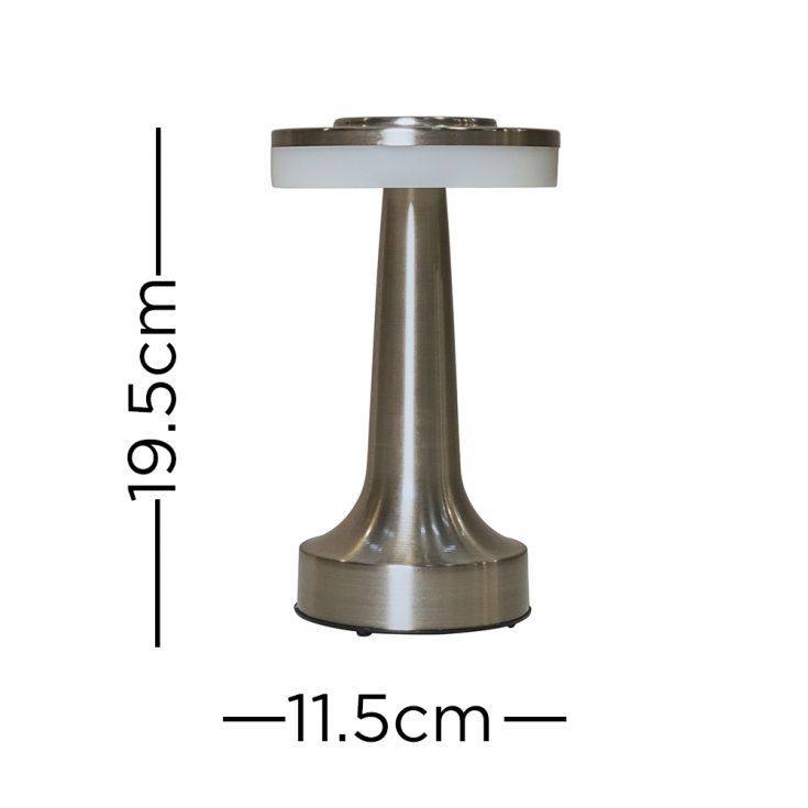 IP44 Talence Satin Nickel LED Rechargeable Touch Table Lamp - Comet Lighting