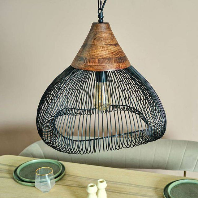 Jabari Black Wire Pendant Ceiling Light With Wood Detail - Comet Lighting