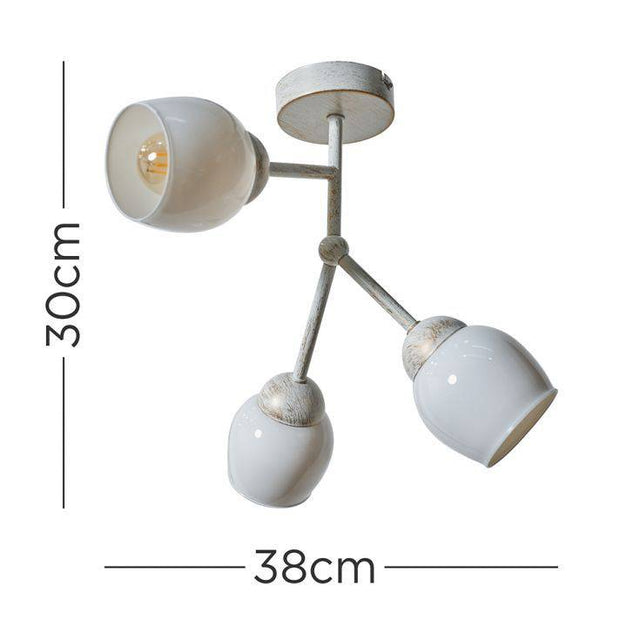 Kenton Aged Metal Effect 3 Way Ceiling Light With White Glass Shades - Comet Lighting