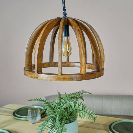 Oslo Natural Wooden Cage Pendant Ceiling Light With Black Chain - Comet Lighting