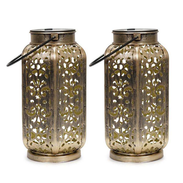 Pack Of 2 IP44 Antique Brass Solar Powered Moroccan Lanterns - Comet Lighting