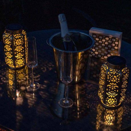 Pack Of 2 IP44 Antique Brass Solar Powered Moroccan Lanterns - Comet Lighting