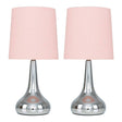 Pair Of Chrome Teardrop Touch Table Lamps With Blush Pink Shades - Comet Lighting