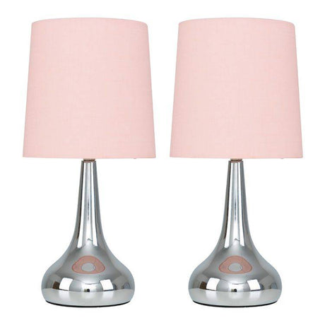 Pair Of Chrome Teardrop Touch Table Lamps With Blush Pink Shades - Comet Lighting